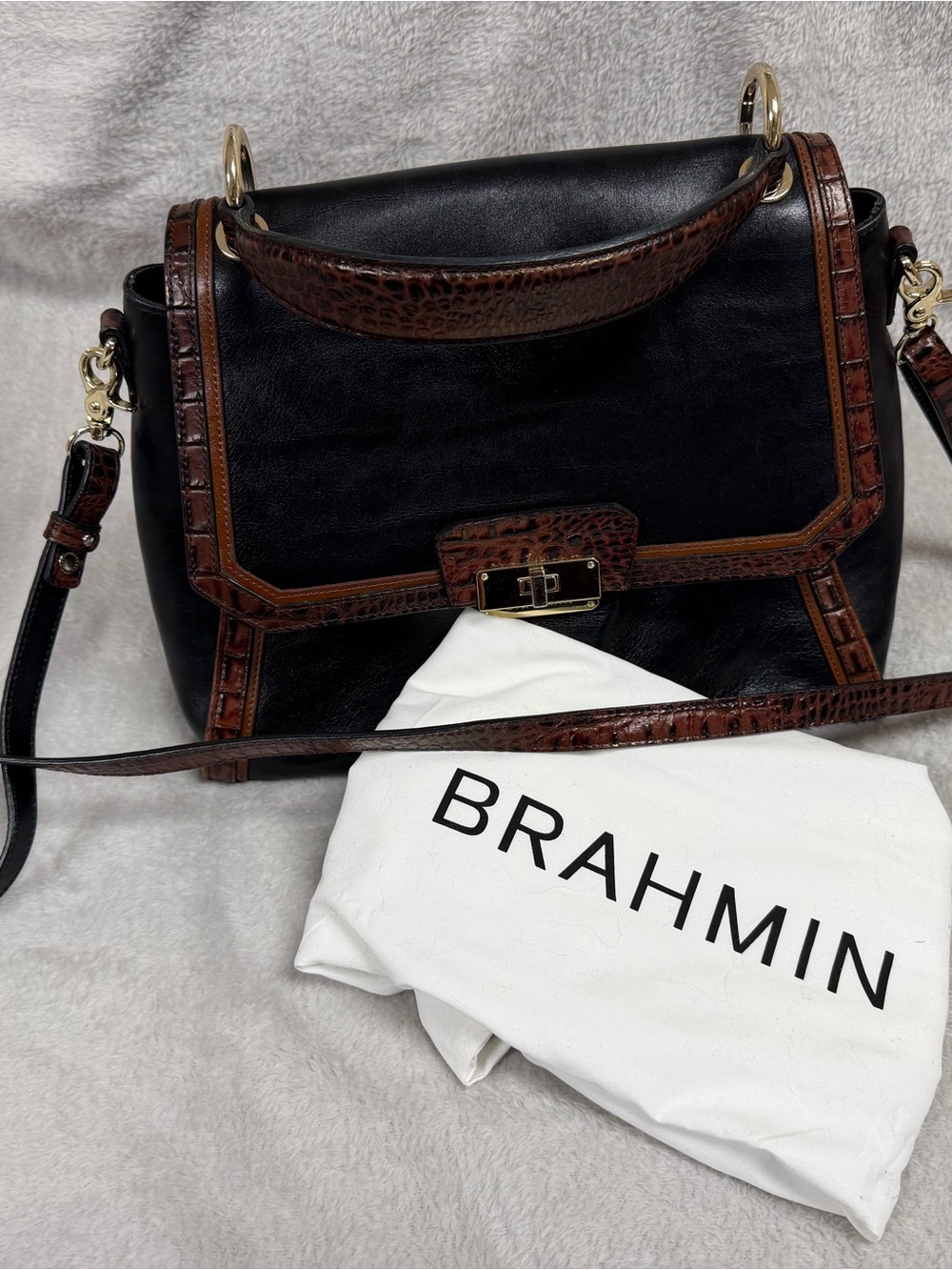 Brahmin Black Leather Satchel with Brown Croc-Trim